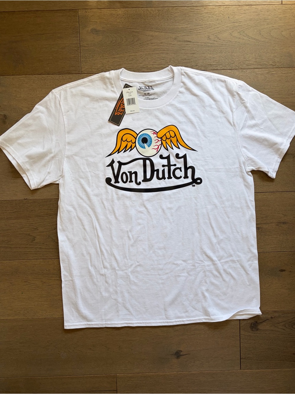 Von Dutch White Tee with Winged Eyeball Graphic